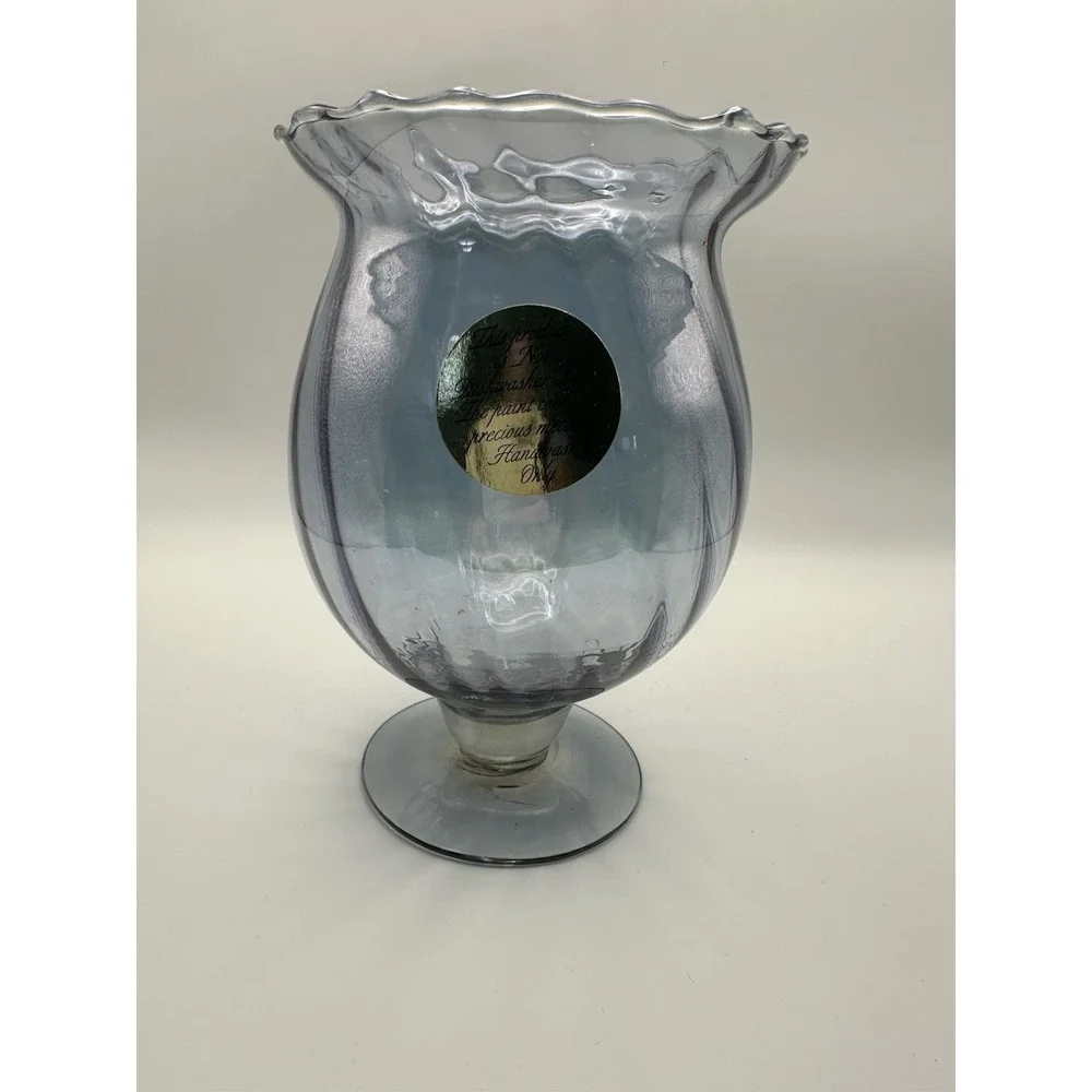 Vintage Opalescent Blue Blown Glass & Precious Metal Footed Vase w/ Ruffled‎ Rim